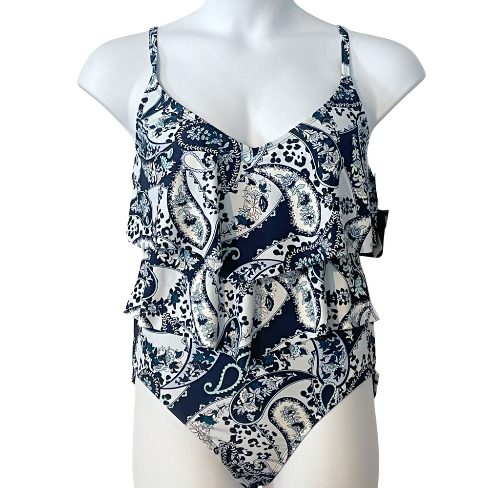 Ellen Tracy Sz 10 1‑Pc Swimsuit Blue White Paisley Ruffle Front Shelf Bra NWT